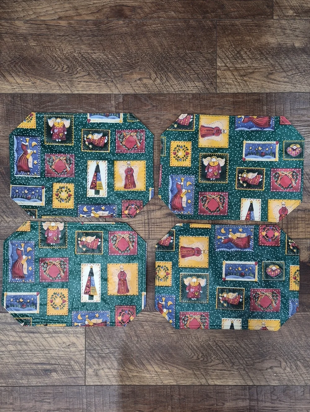 Vintage 90's Christmas Vinyl Placemats Angels Wreath Snow Holiday Decor Set Of 4